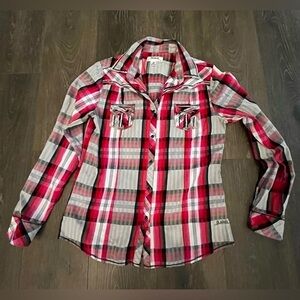 Adiktd fuschia black plaid snap front shirt. SZ M sequin embellishments.